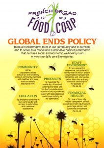 Global Ends Policy To be a transformativeforce in our communityand in our work, and to serve as a modelof a sustainable business alternative that nurtures social and economic well-bing in an environmentallysensitive manner. Education To empower and inform our community with access to education andcustomer assistance. FinancialHealth To havea financially viable, transparent, ethical cooperativewith equity growth,patronagerefund, and community investment. Staff Environment To be a respectful, responsive, and safe work environment in which a fairly compensated management, bargaining unit, and worker owner team has a strong sense of ownership in the successof the co-op. Communication Within cooperative values, to havean ever-widening circle of community members with healthierand more environmentally restorative lives. Products To maximize the availability of healthful and organic foods and non-foodproducts grown, manufactured,or produced locally with ecologicaland social responsibility for the community.