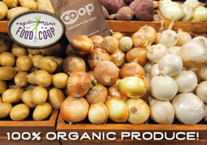 picture of 100% organic produce, onions and potatoes