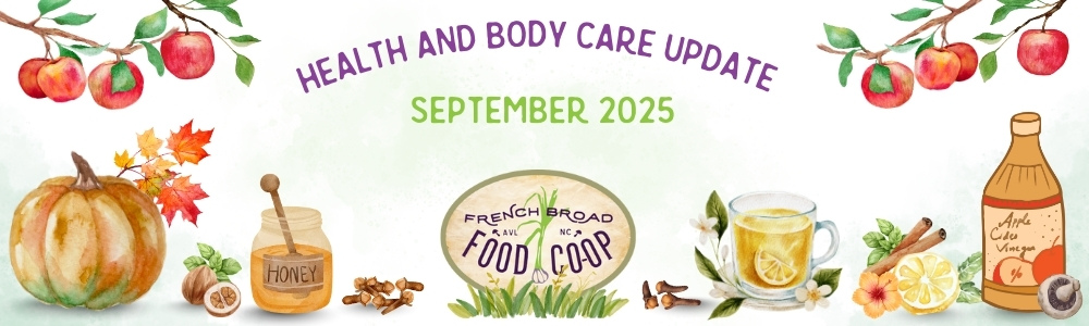 image of Health and Body Care Update, September 2025. Watercolor style of apples, pumpkin, tea, honey, lemon slices, and fire cider ingredients.