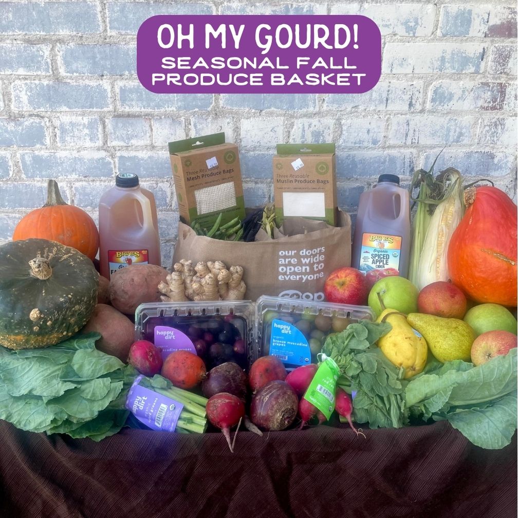 The Oh My Gourd gift basket contains lots of fruits, vegetables and other products from our produce department.