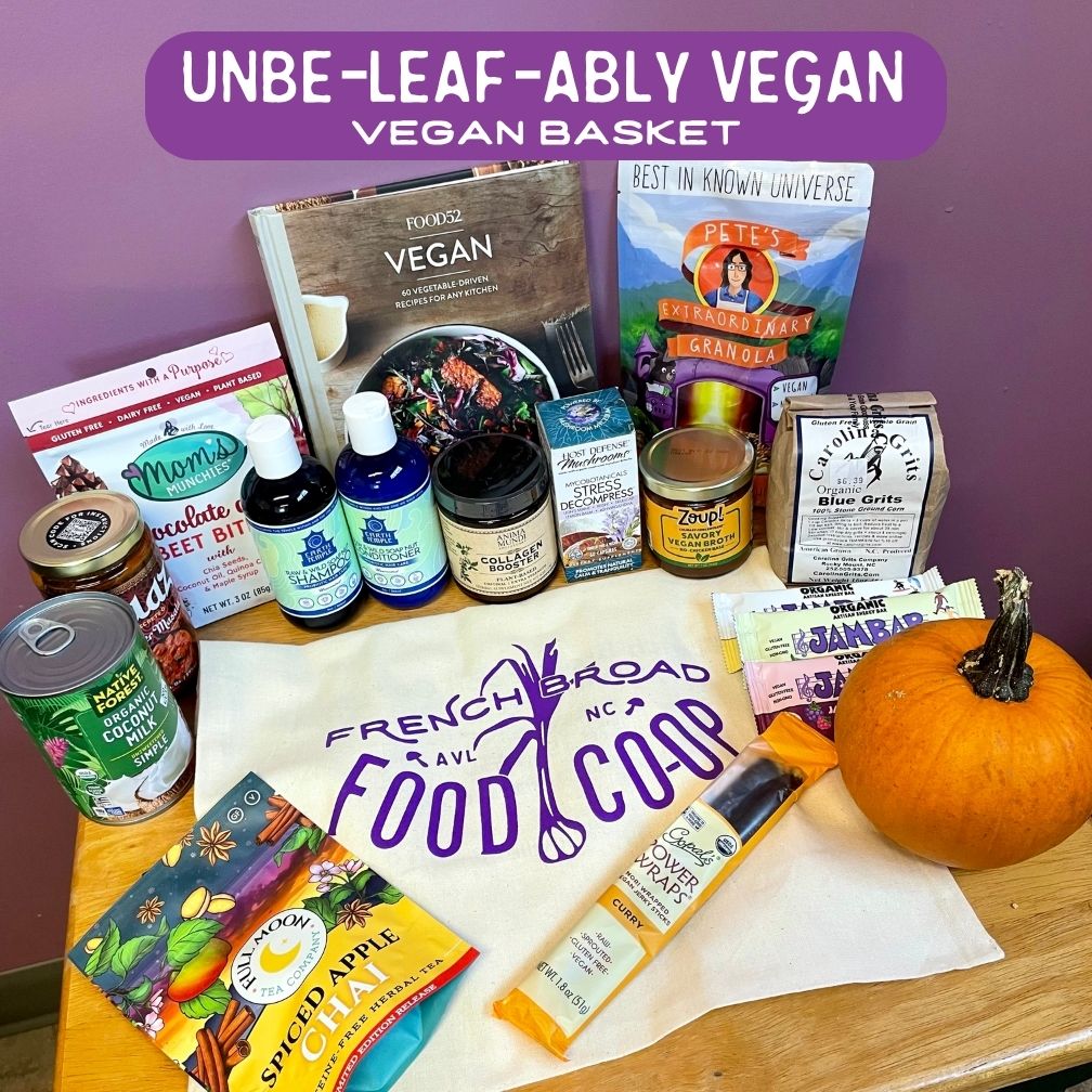 The Unbe-leaf-ably Vegan basket contains vegan grocery items and vegan-themed products from around the store.